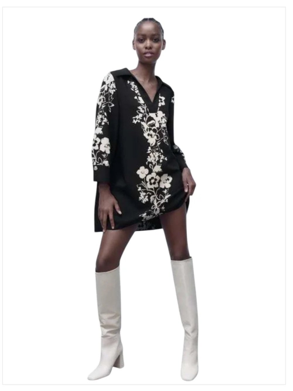 Zara Black and White Floral V-Neck Tunic Dress